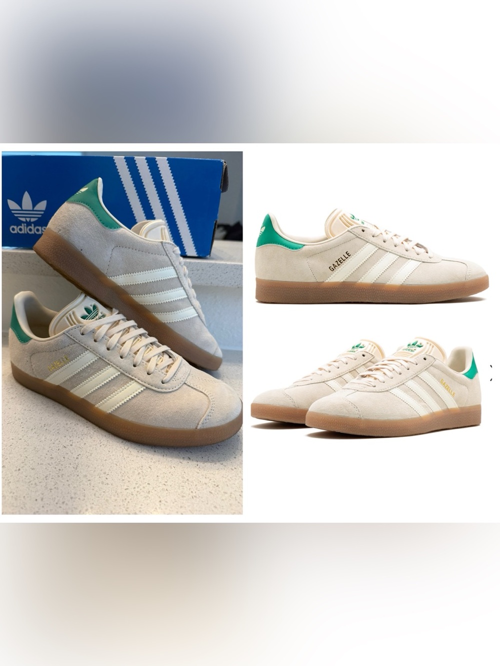 NEW adidas Gazelle WMNS 6.5W Wonder White Cream Suede Green Accents Gum soles